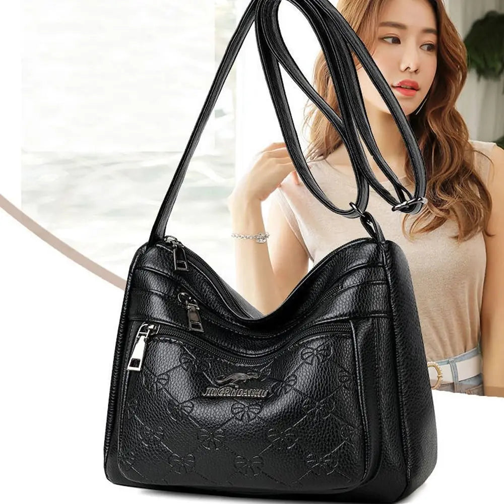 Elegant PU Leather Buying Vegetable Bag Large Capacity Black Middle-aged Mother's Bag Multi-layer Shoulder Messenger Bag Woman Quake