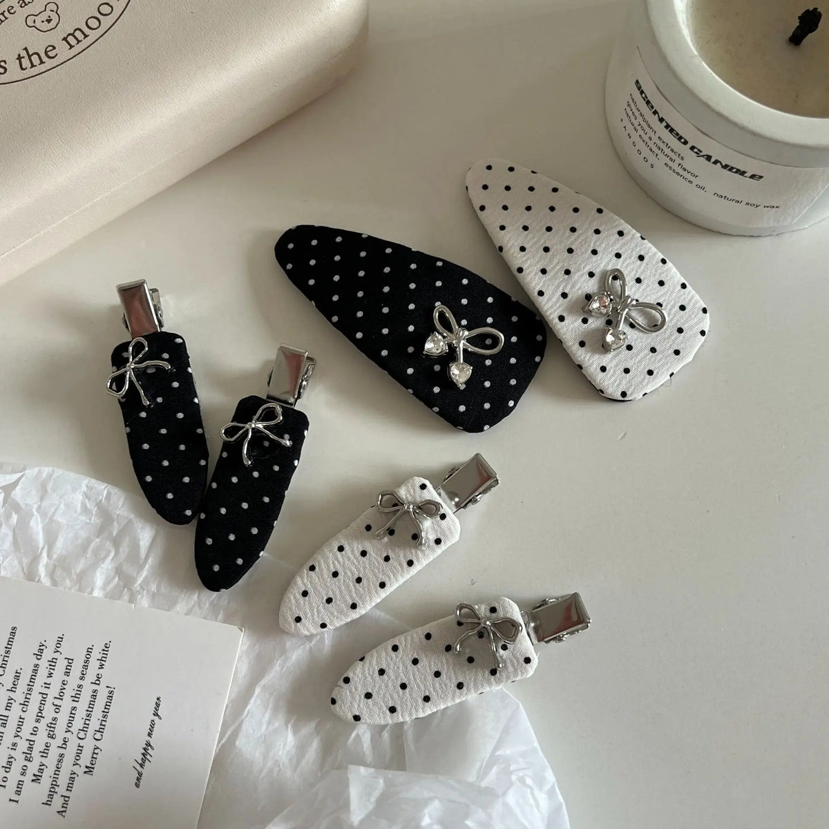 Black White Polka Dot Bow Hair Clip Korean Simple Versatile Bow Design Duckbill Clip BB Clip Elegant Temperament Bangs Hairpin Quake