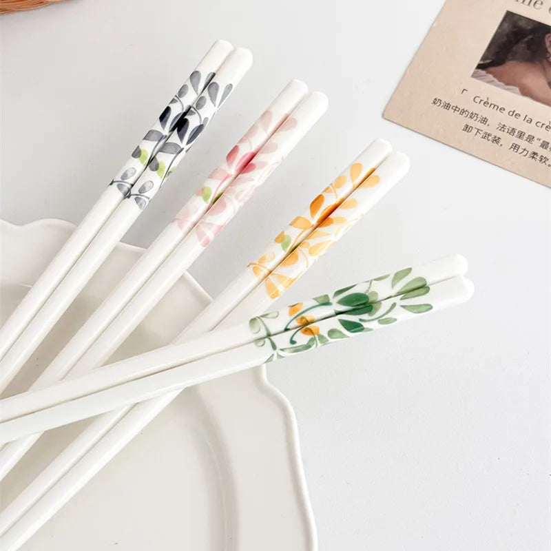 4/10 Pairs Ceramic Chopsticks-Four Seasons Floral Pattern, High Temperature Resistant, Easy to Clean, for Home & Restaurant Quake