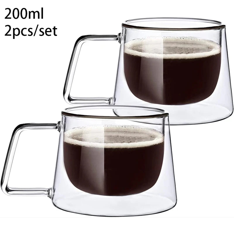 YWDL 2pcs 200ml Double Wall Glass Coffee Mug Heat-resistant Espresso Cup Thermo Insulated Cup Tea Water Drinkware Set Quake A No pattern2pcs 200-220ml