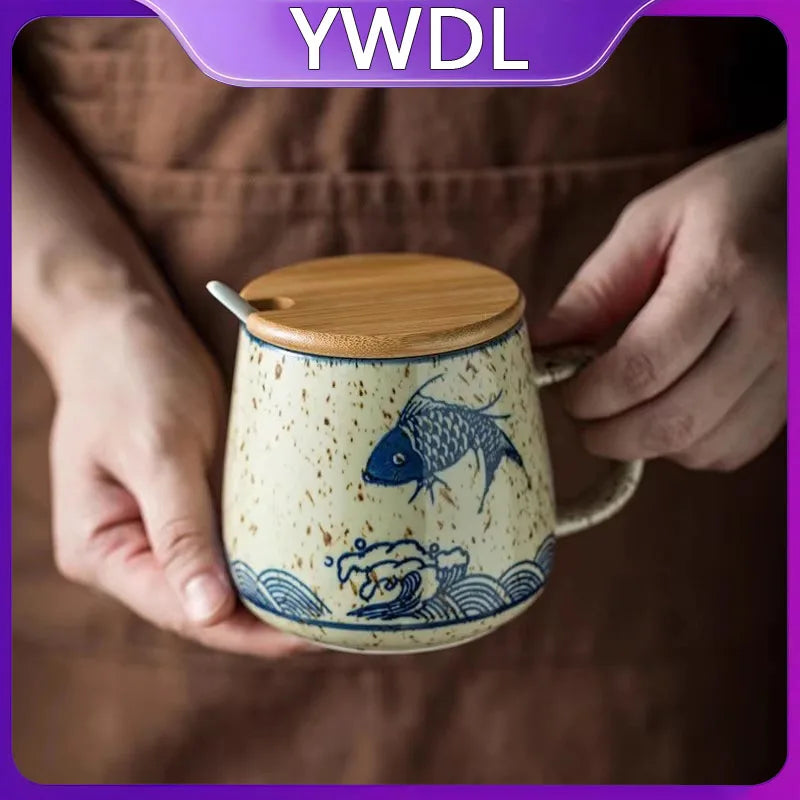 YWDL 350ml Japanese Ceramic Coffee Mug With Lid And Spoon Milk Breakfast Cups Home Heat-resistant Teacup Tumbler Water Mug Gift Quake