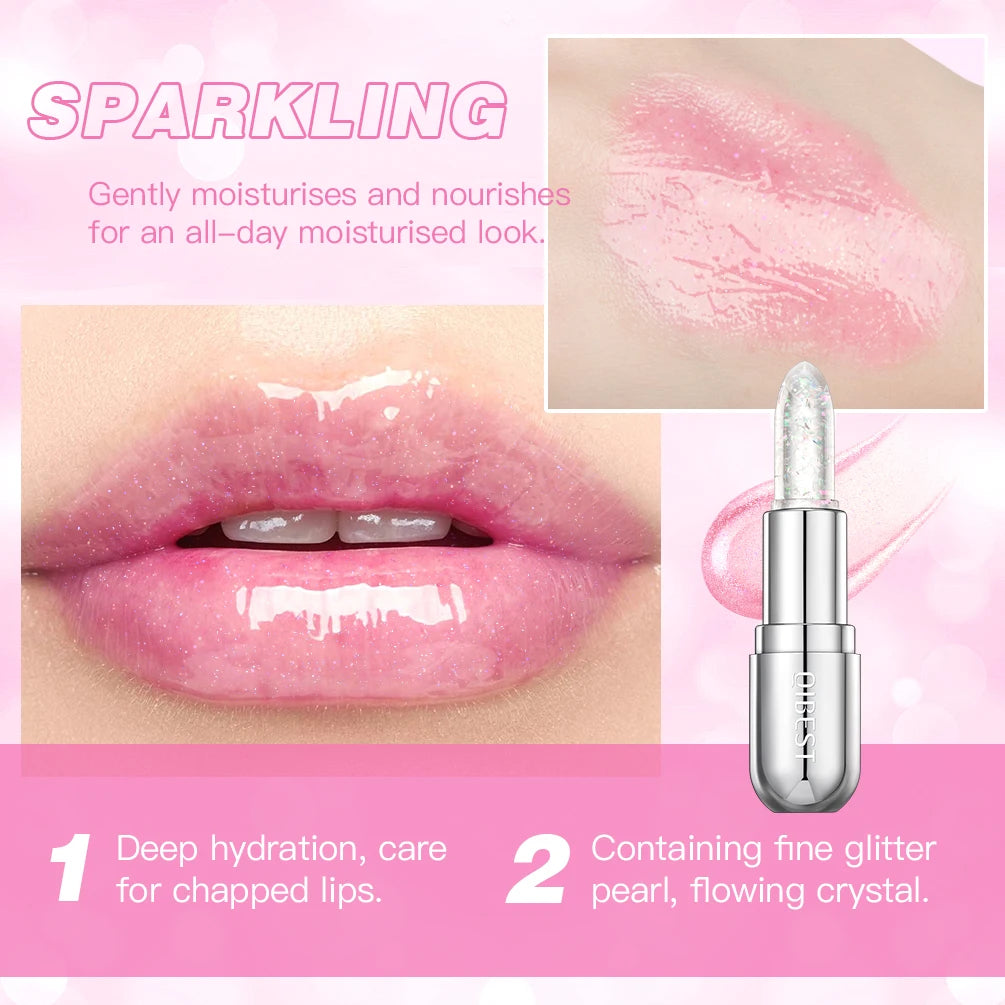 QIBEST Glitter Lipstick Lip Balm Color Change Transparent Moisturizing Crystal Jelly Pearlescent Lip Plumper Gloss Tint Cosmetic Quake