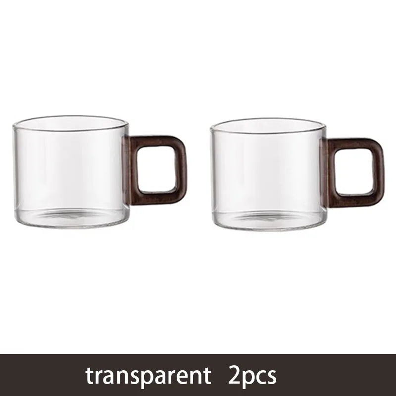 120/200/300/360ml Glass Cups With Walnut Handle Coffee Mug Set Heat-resistant Teacup Household Office Drinking Glasse 2pcs Quake 120ml 2pcs clear 120-360ml