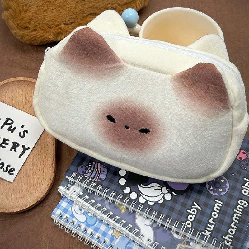 1pcs Cute Siamese Cat Plush Pencil Case Cartoon Kitten Design Stationery Pouch for Students and Office Use Quake