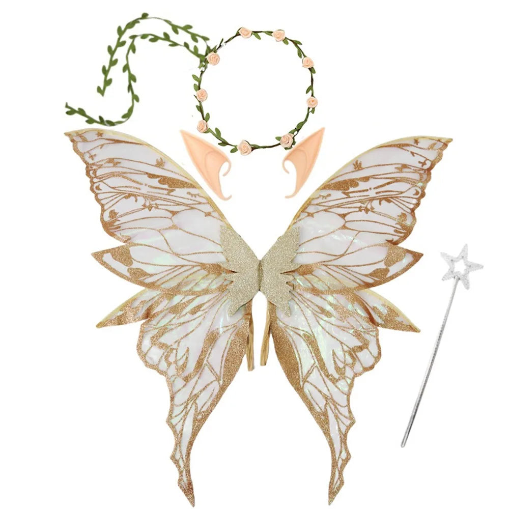 Flower Crown Fairy Costume Set Star Wand Gold Foil Fairy Butterfly Wings Dress-Up Elf Ears Sparkling Angel Wings for Kids Adults Quake Champagne
