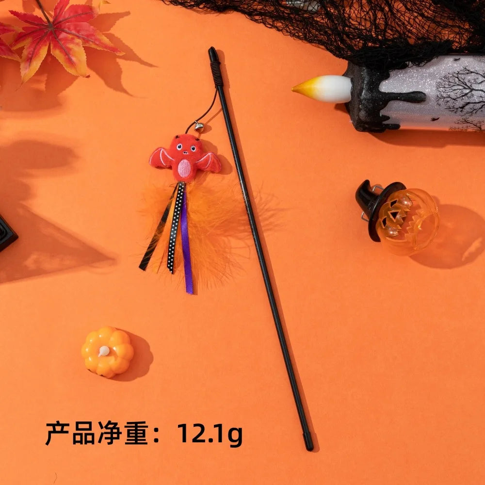 Cat Toy Funny Cat Stick Halloween Pet Toy Pumpkin Ghost Spider Cat Toy Creative Interactive Indoor Toy Gift Pet Holiday Supplies Quake Red TM2101B