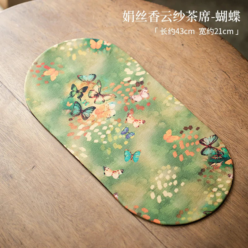 Double-sided Silk Fragrant Cloud Yarn Tea Mat Chinese Style Tea Table Heat Insulation Waterproof Mat Chinese Zen Dry Foam Mat Quake Tea Mat-butterfly