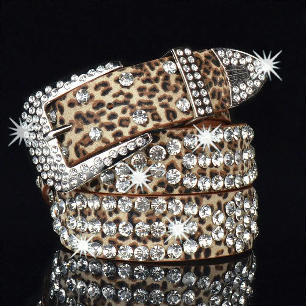 Women Adjustable Studded Rhinestone Belt PU Leather Bling Crystal Waistband Quake leopard print