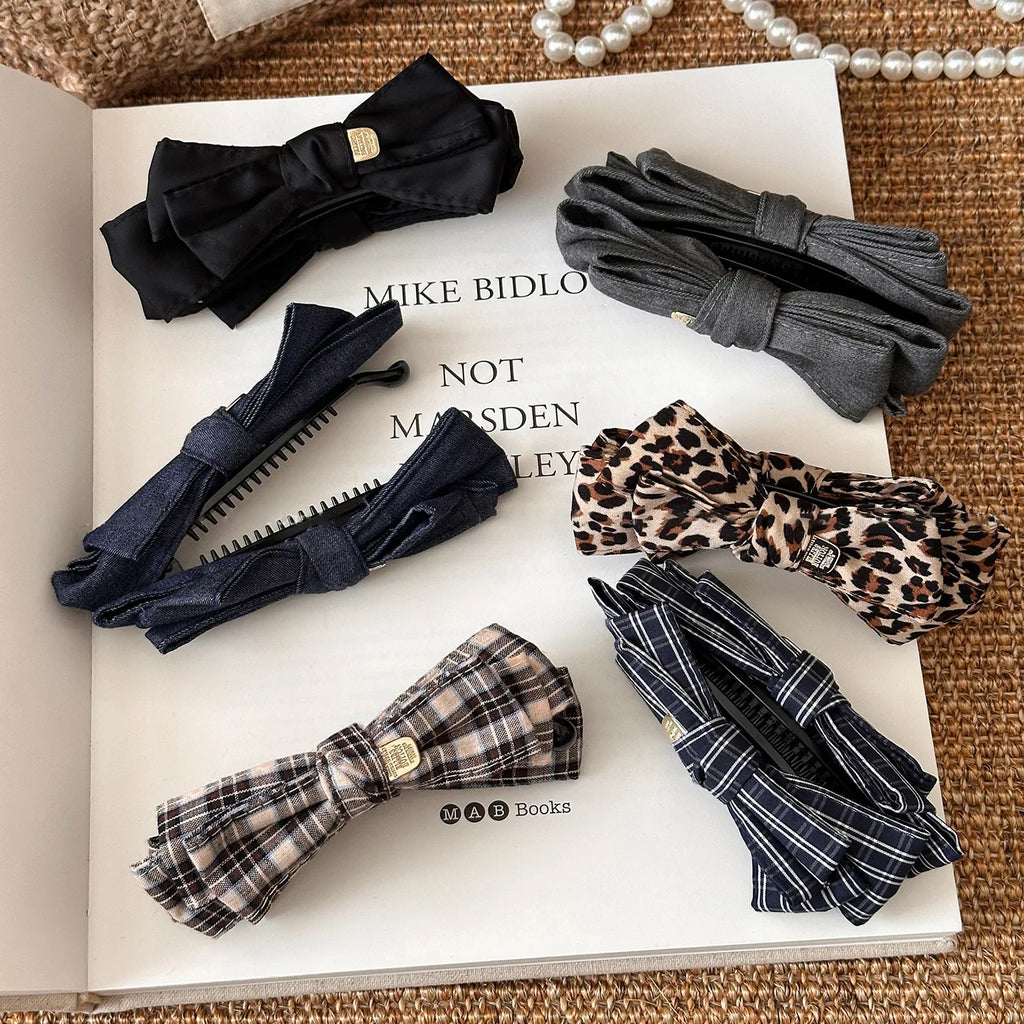 Retro Leopard Print Bow Banana Clip Women Girls Back Head Ponytail Clip Korean Fashion Autumn Winter Hair Styling Accessories Quake