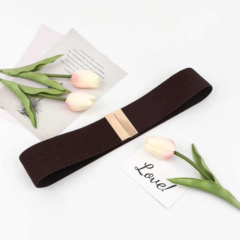 New Wide Elastic Belt Solid Color Metal Buckle Stretch Cinch Waistband Waistband Corset Belt Down Coat Quake