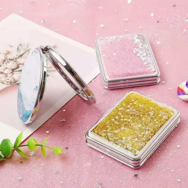 Portable Double-Sided Folding Makeup Mirror Women Gifts with Flowing Sparkling Sand Mini Cosmetic Mirror Compact Pocket Mirrors Quake