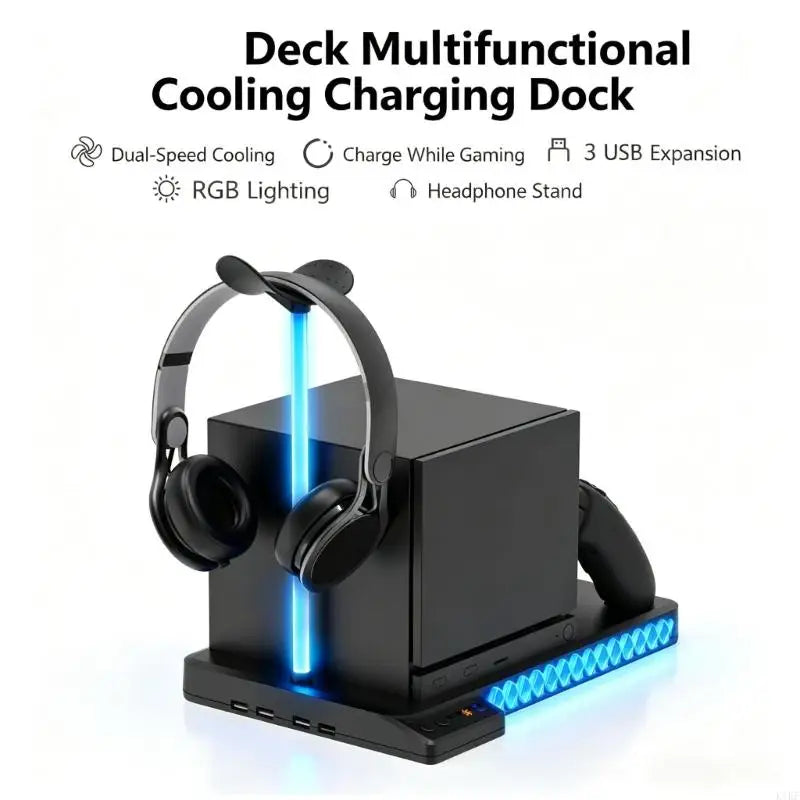 Multifunction Gaming System Cooling Charging Dock with USB Expansion, Controller Charging Slot, Headphone Holder & Soft K1KF Quake