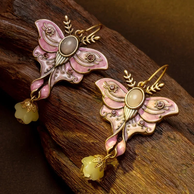 Vintage Handcrafted Inspired Elegant Enamel Butterfly Earrings Suitable for Women's Daily Wear or Parties Accessories Quake pink