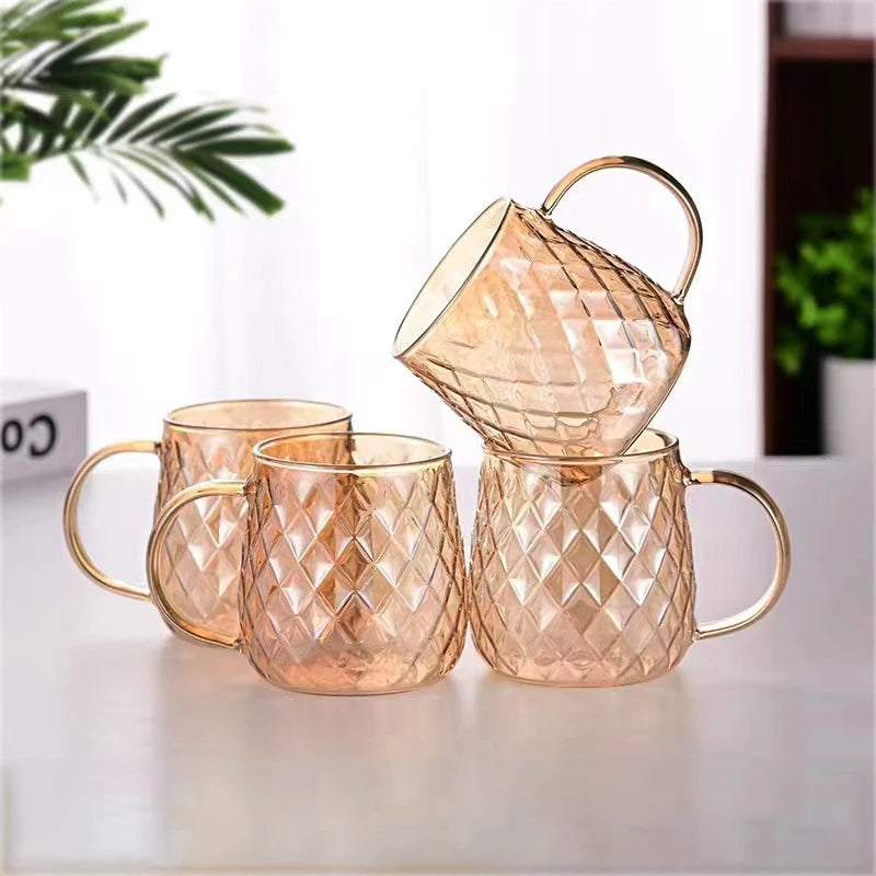 YWDL 1/2pcs Diamond Textured Glass Cup Golden Teacup Mug With Handle Household Fruit Tea Coffee Milk Drinkware Taacup 380ml Quake