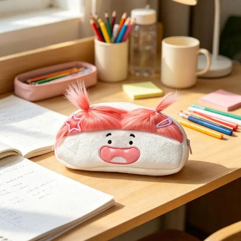 Plush Pencil Case with Soft Cotton Fabric and Playful Cartoon Face, Writing Tool Storage for Pencils, Erasers, Rulers and K1KF Quake