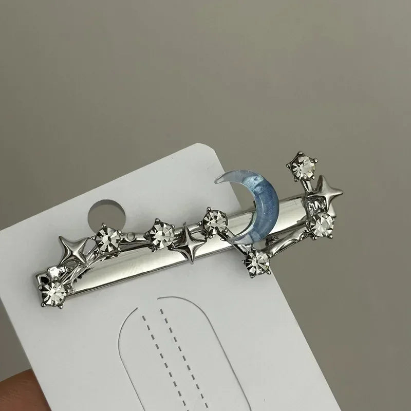 Y2K Blue Silver Alloy Hair Clip Korean Simple Girls Blue Rhinestone Star Metal Duckbill Clip Bangs Side Clip Hair Accessories Quake yz