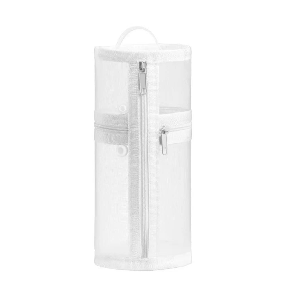 Mesh Dual-use Makeup Brush Storage Bag Portable Brush Case Simple Large Capacity Brush Bucket Holder Travel Stand-up Pouch Quake White