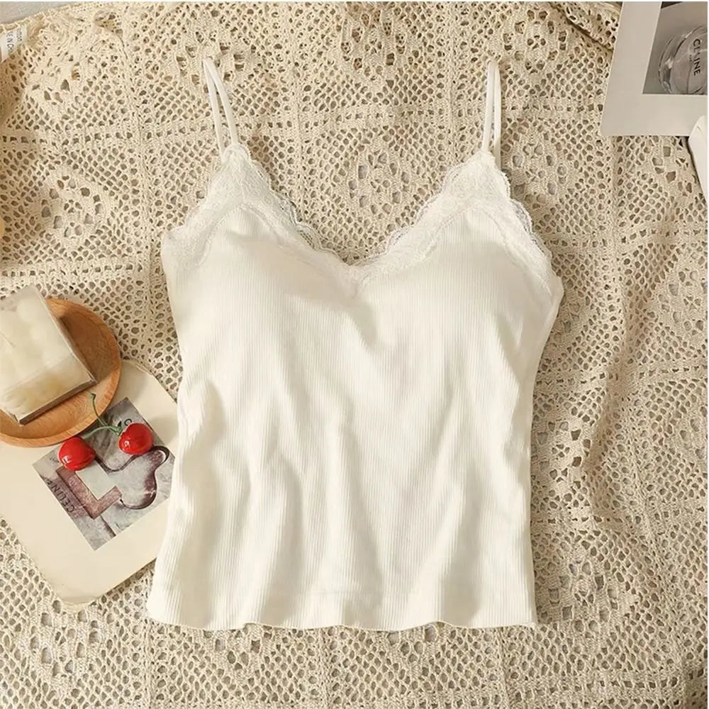 Fashion Breathable Lace Camisole Wire-Free Solid Color Summer Top Strap Bra Sexy Style Bottoming Shirt Quake White S