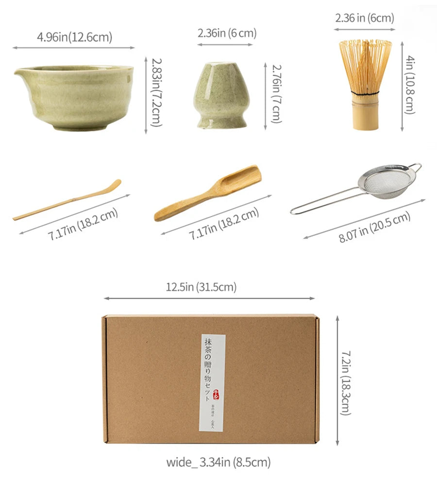 YWDL 6pcs Japanese Matcha Tea Set Ceramic Bowl with Spout 100 Prongs Bamboo Whisk Chasen Holder Sifter Sage Green Gift Box Quake