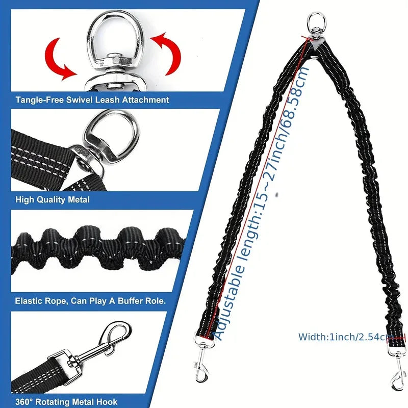 Pet Dog Double Leashes - No Tangle Dog Leash Coupler, Comfortable Shock Absorbing Reflective Bungee Lead for Nighttime Safety Quake