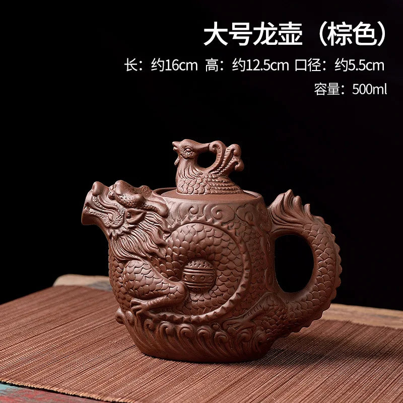 Chinoiserie large capacity dragon and phoenix teapot purple clay teapot kung fu tea set suit teapot tea maker Quake Brown