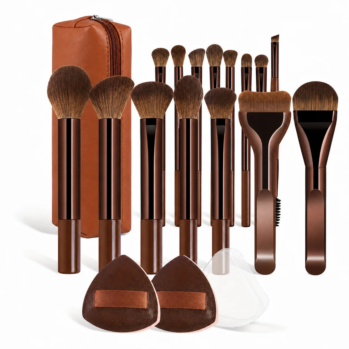 Makeup Brush Set - 18pcs High-Value Multi-Functional - Including 15 Makeup Brushes + 2 Powder Puffs + Makeup Bag - Travel-Friend Quake Chocolate