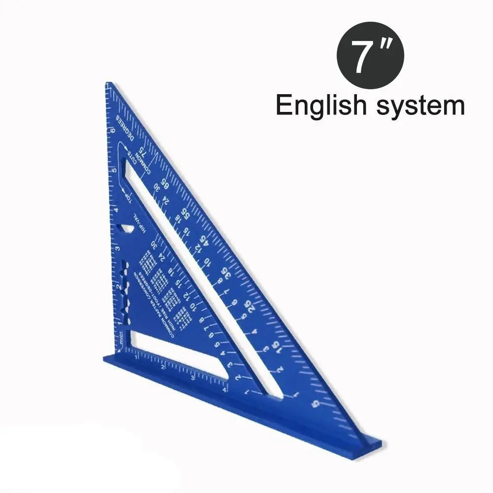 New 7Inch Triangle Ruler Measurement Tool Aluminium Alloy Carpenter Tools Inch Metric Angle Ruler Speed Square Woodworking Tools Quake blue-english