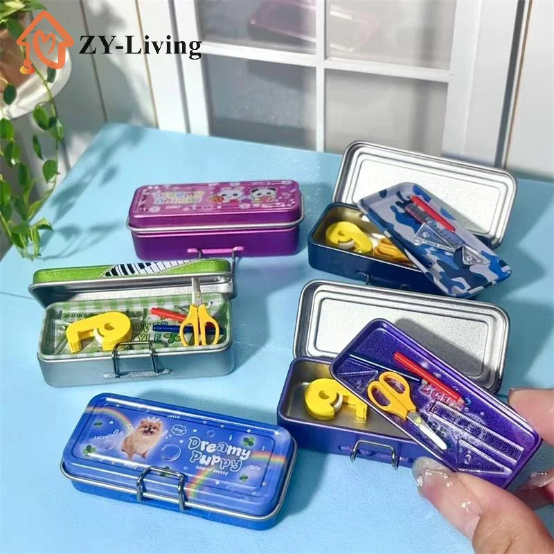 Dollhouse Miniature Double Layer Iron Pencil Box Pen Ruler Measuring Tape Scissors Model Micro Landscape Decor Pretend Play Toy Quake