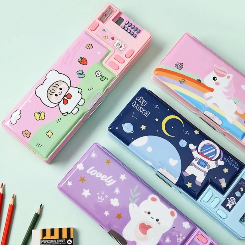 Plastic Pencil Case Fun Mechanism Design Double Sided Use Stationery Storage Box Large Capacity With Calculator/Pencil Sharpener Quake