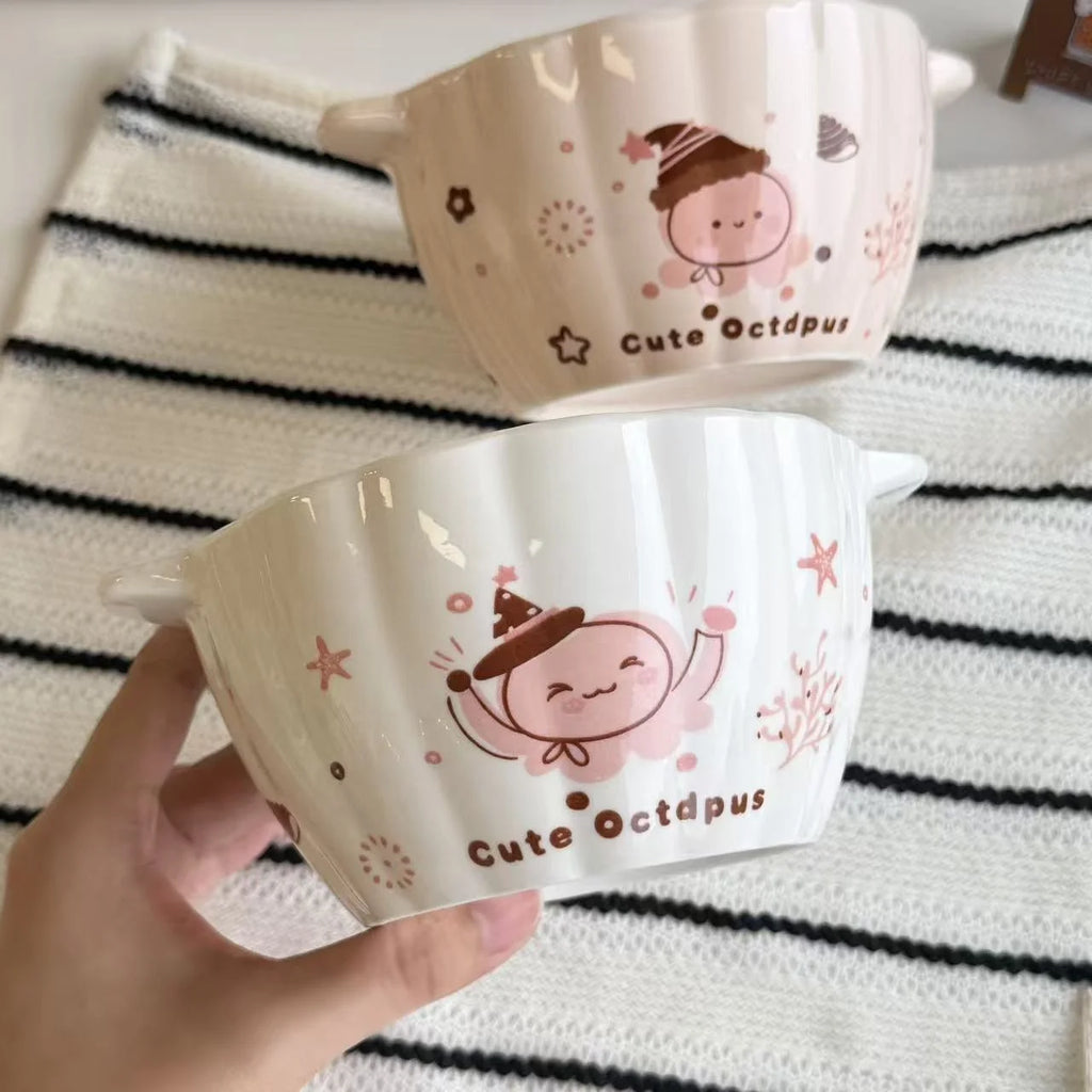 1/2 Pcs Cute Octopus Pumpkin Ceramic Double-Ear Soup Bowl Multi-Purpose Salad Fruit Cereal Bowl Oven Microwave Dishwasher Safe Quake