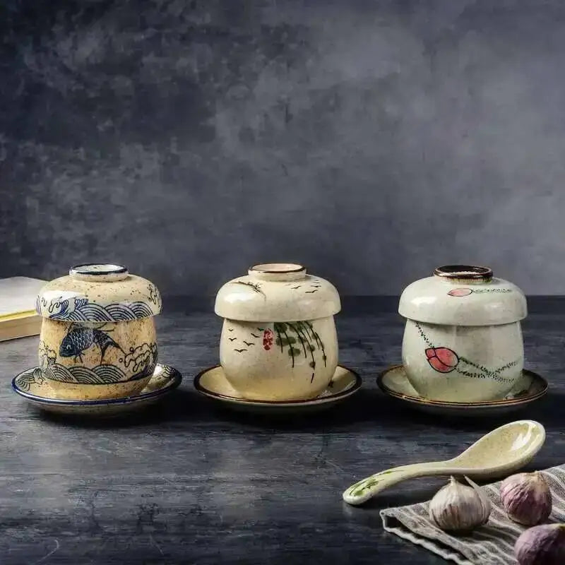 Steaming Bowl With Lid Ceramic Pudding Bowl Egg Steaming Cup Dessert Bird's Nest Small Egg Soup Bowl Quake