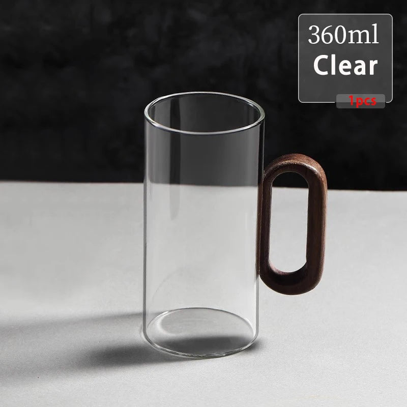 YWDL 360ml High Borosilicate Glass Tea Cup Heat-Resistant with Wooden Handle for Household Drinking Coffee Mug for Breakfast Quake white 360ml