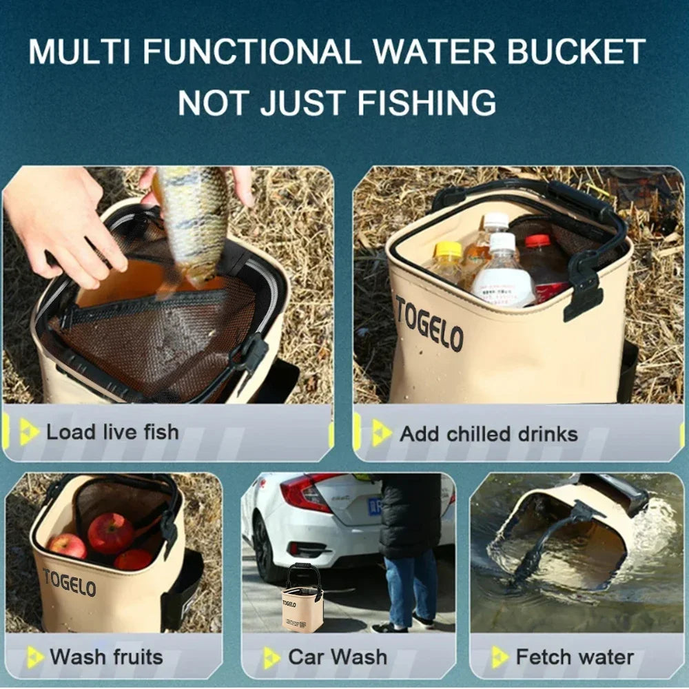 8L/13L Collapsible Handheld Fishing Bucket for Wild Fishing Live Fish Storage Pail with Fish Guard Outdoor Fishing Container Quake