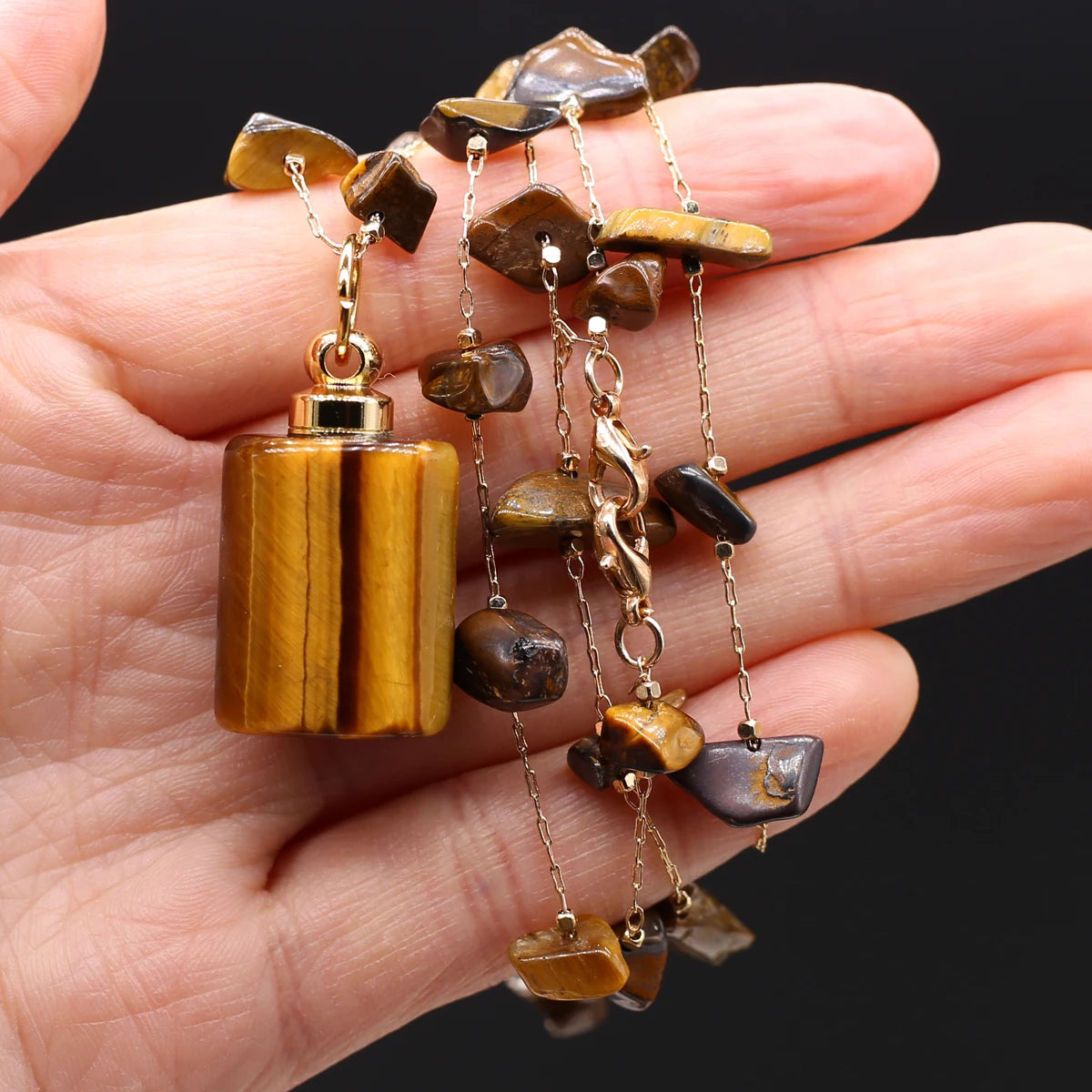 Perfume Bottle Necklace Natural Stone Tiger Eye Perfume Bottle Pendant For Women Christmas Halloween Gift Chain 80cm Quake 18x31x13mm