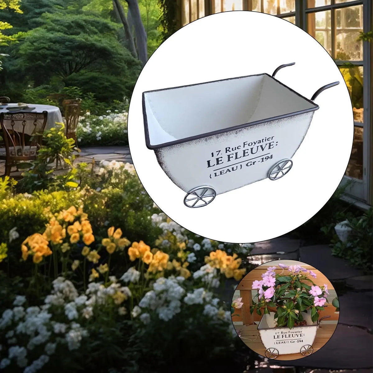 Flower Cart Wheelbarrow Space Saving Flower Pots for Garden Outdoor Yard Quake White