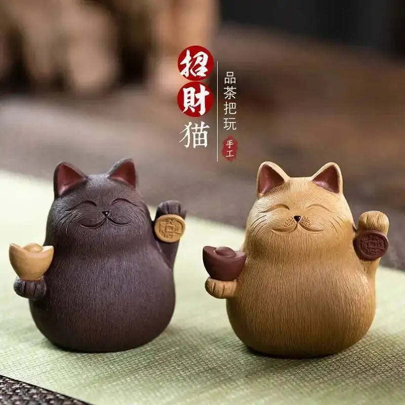 Zisha Tea Pet Cat Ornament Sculpture Zhaocai Cat Tea Pet Tea Mat Accessories Ceramic Tea Pet Quake