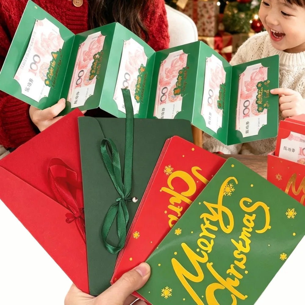 Cute Santa Claus Christmas Folded Envelope Multi Slot Cash Money Holder Gold Foil Folding Gift Card Pocket Festive Party Supply Quake