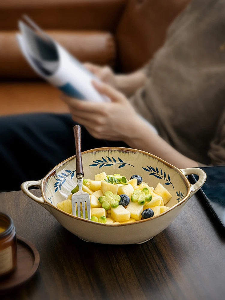 Vintage Floral Double Handle Ceramic Bowl Microwave Safe Salad Soup Bowl Porcelain Noodle Pasta Bowl Home Kitchen Tableware Quake