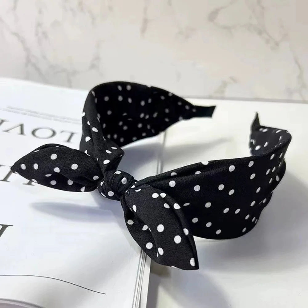 Retro Polka Dot Bow Headband for Women Girls Elegant Wide Edge High Skull Headband Fashion Versatile Hair Styling Accessories Quake Black