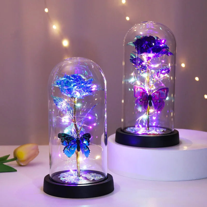 Glass Cover Rose Immortality Flower with Lamp Qixi Valentine's Day Gift Creative Decoration Decorations Quake
