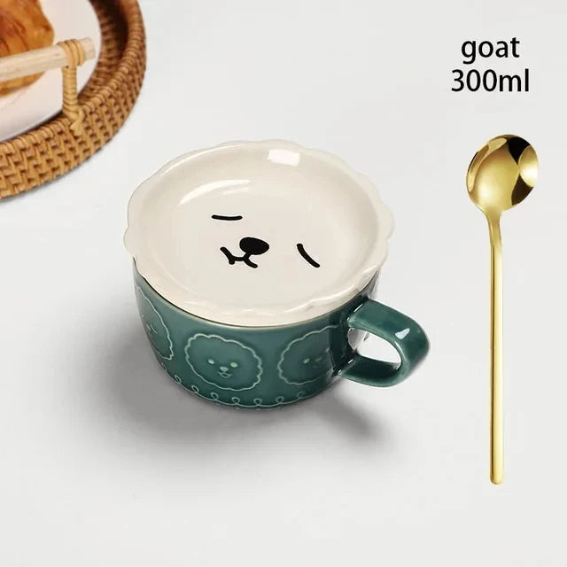 YWDL Japanese Cartoon Cat Coffee Mug With Animal Cat Pattern Lid Small Dish Cute Breakfast Cup Creative Coffee Cup Milk Cup Gift Quake goat 301-400ml