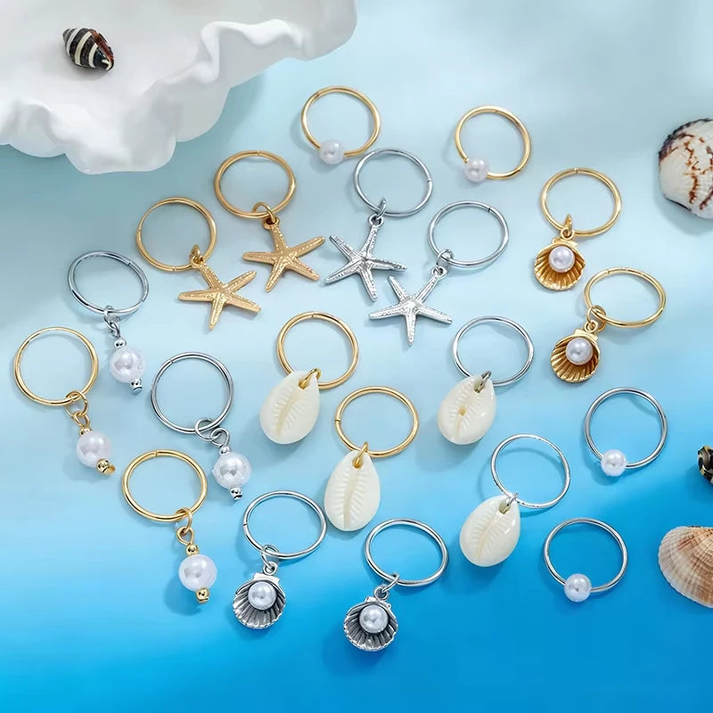 10PCS/Bohemian Resort Wind Alloy Starfish Headgear Shell Pearl Hair Accessories Multi-piece Set Ring Ladies Hair Band Quake