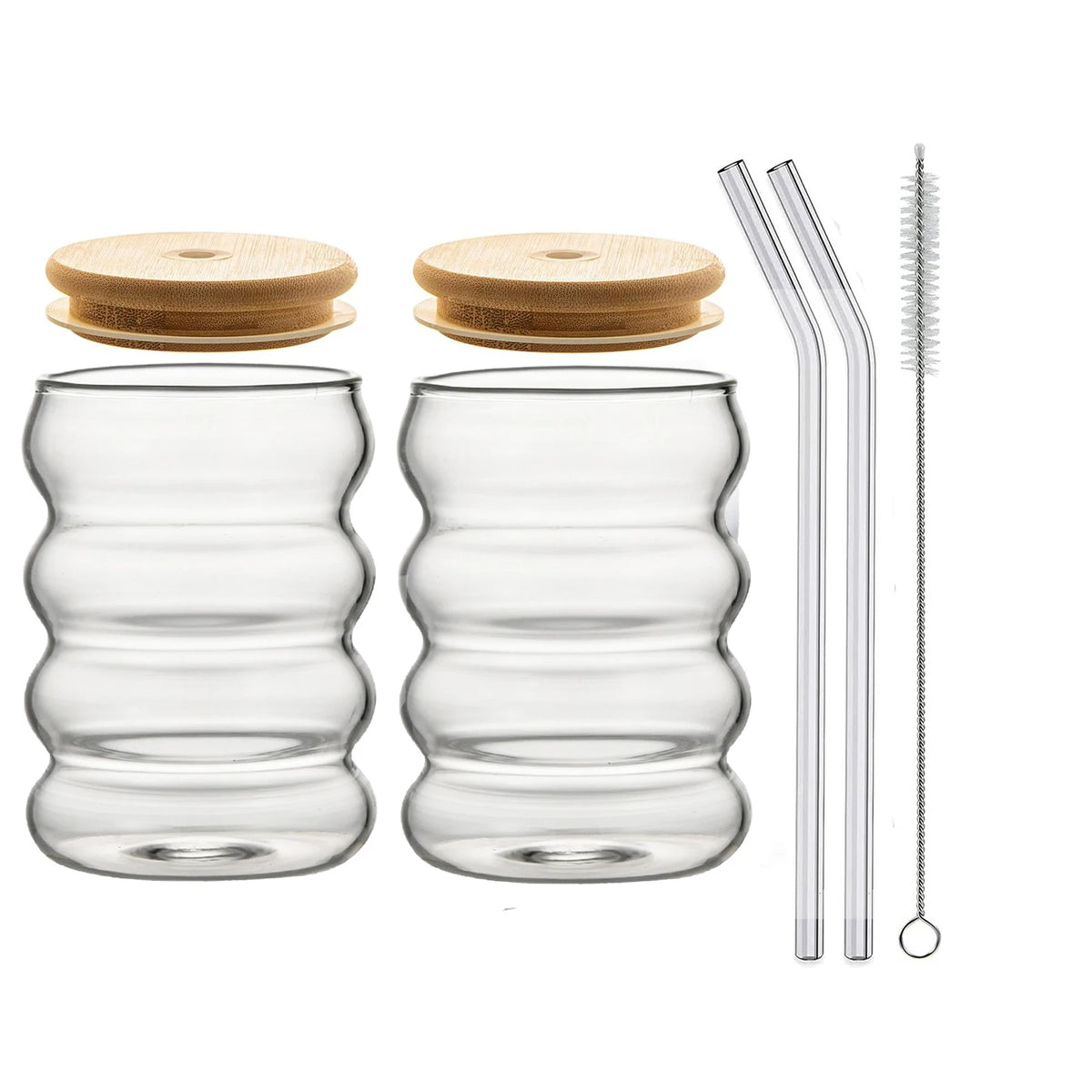 YWD 1/2/4PCS Glass Cup with Lid Straw Heat-resistant Wave Cup Beer Juice Ice Coffee Cups Cocktail Fruit Glass Drinkware Quake 2pcs