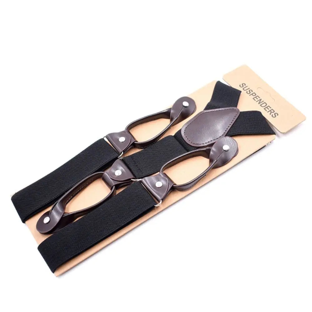 Adult Trimmed Button End Leather Y Shape Adjustable Strap Clip Elastic Braces Braces Suspenders Trouser Straps Belt Quake Black