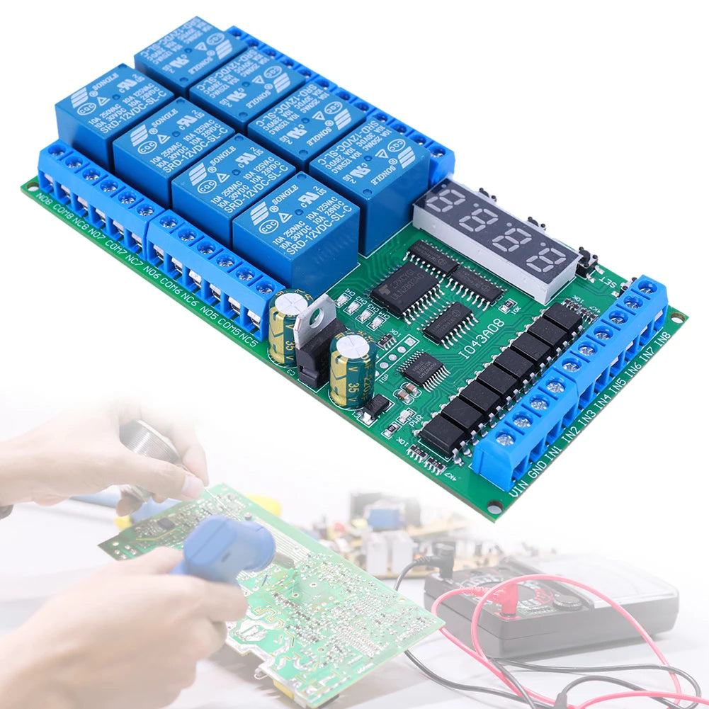 DC 12V 8 Channels Multifunction Timer Time Switch Relay Module Timing Cycle Interlock Self-locking Momentary Bistable Quake