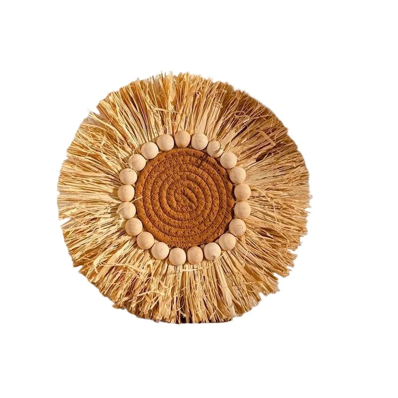 Hand‑Woven Straw Wall Hanging Boho Round Wicker Wall Decor Rustic Tapestry Ornament for Home Living Room Entryway Quake