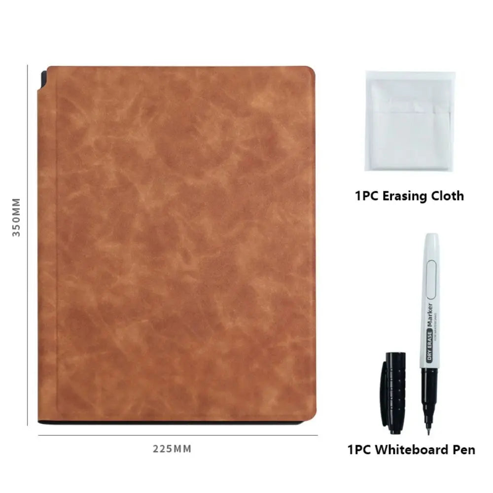 Reusable A4 Whiteboard Notebook With Whiteboard Pen Leather Erasable Whiteboard Draft With Erasing Cloth Stationery Quake Brown