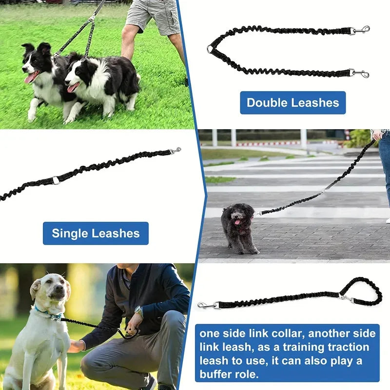 Pet Dog Double Leashes - No Tangle Dog Leash Coupler, Comfortable Shock Absorbing Reflective Bungee Lead for Nighttime Safety Quake