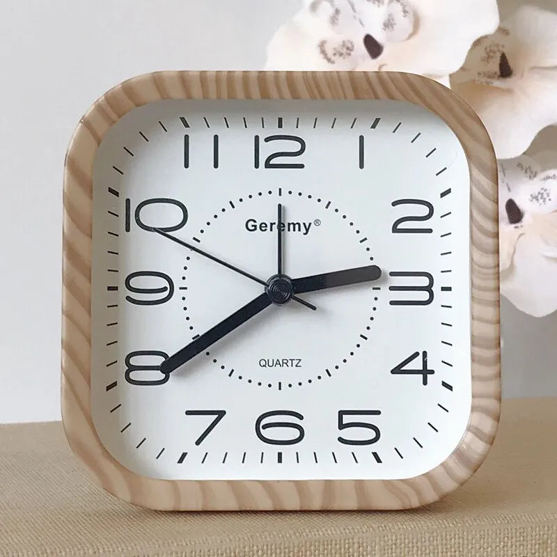 Simple retro imitation wood grain alarm clock - home desktop square clock ornament - student large digit bedside clock Quake D