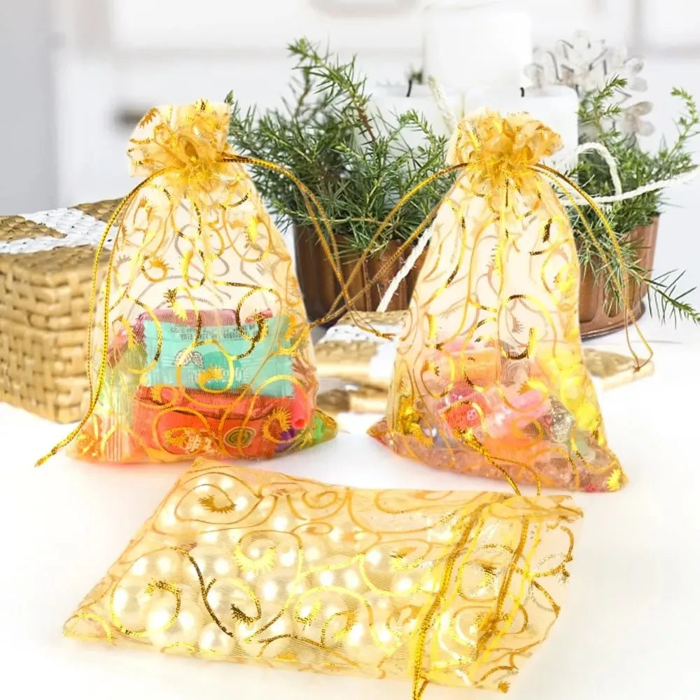 Golden Mesh Drawstring Bag Organza Gift Candy Bags Rattan Printed Jewelry Storage Bag Christmas Wedding Party Favors Pouches Quake